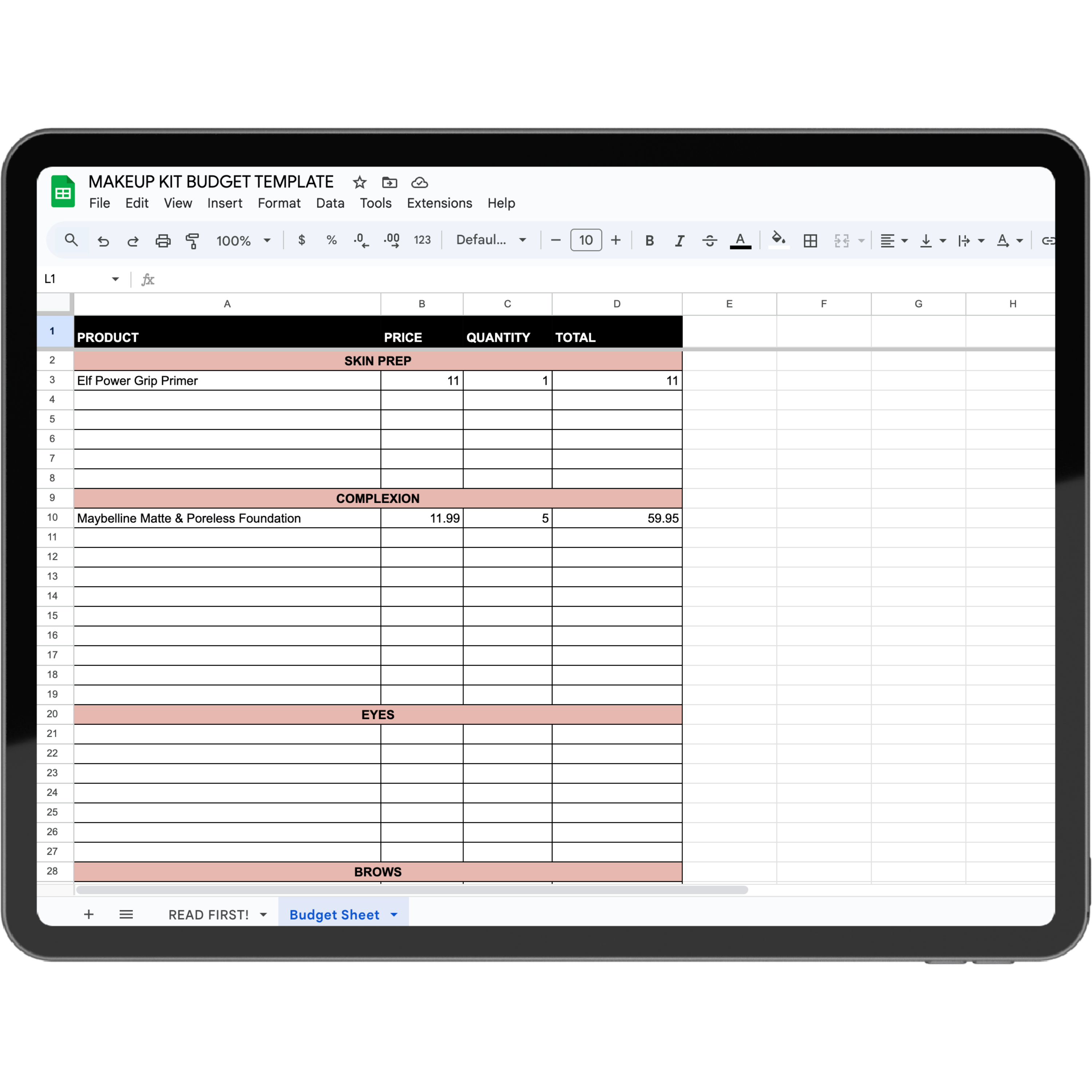 Makeup Kit Budget Template